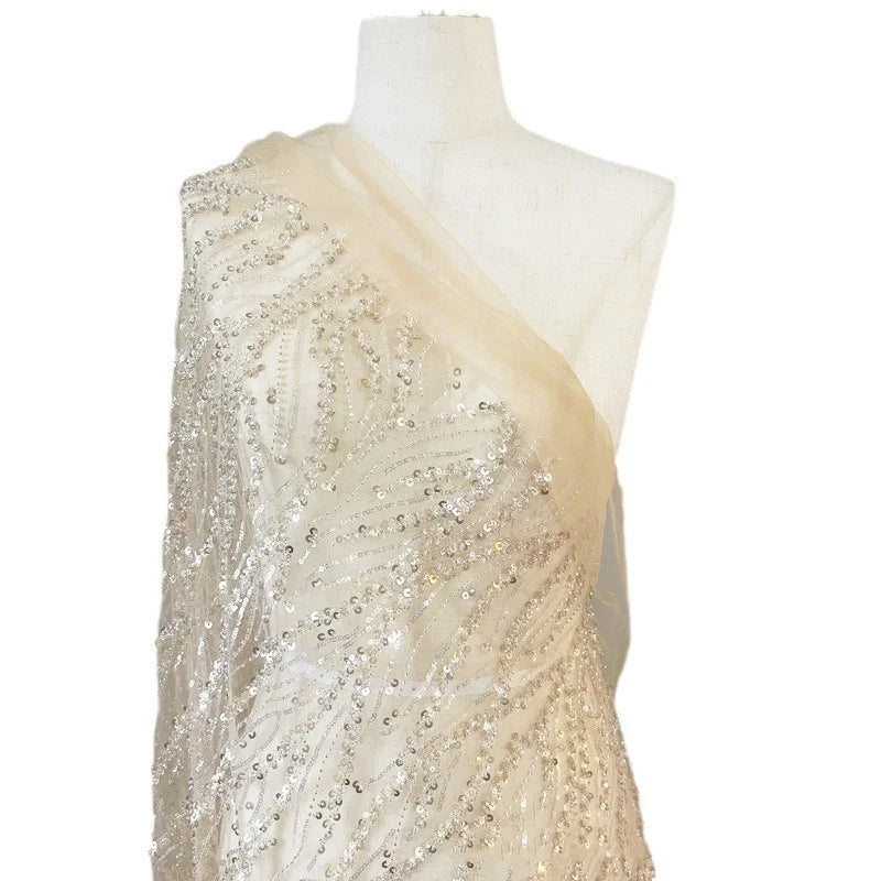 Champagne Striped Embroidered Beaded Lace Material Glitter Tissus Evening Dress Dry Lace Tela Mesh Sequin Bridal Dress Fabric