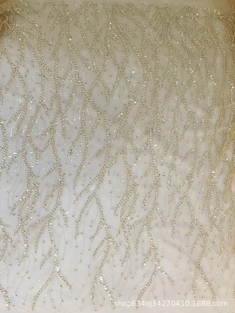 Champagne Striped Embroidered Beaded Lace Material Glitter Tissus Evening Dress Dry Lace Tela Mesh Sequin Bridal Dress Fabric