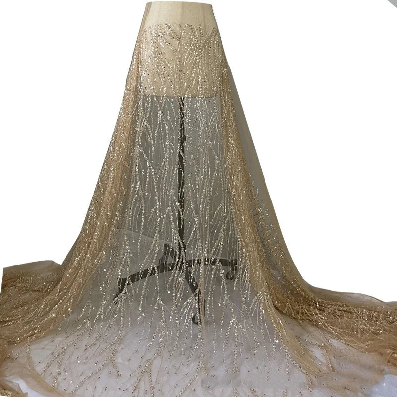 Champagne Striped Embroidered Beaded Lace Material Glitter Tissus Evening Dress Dry Lace Tela Mesh Sequin Bridal Dress Fabric