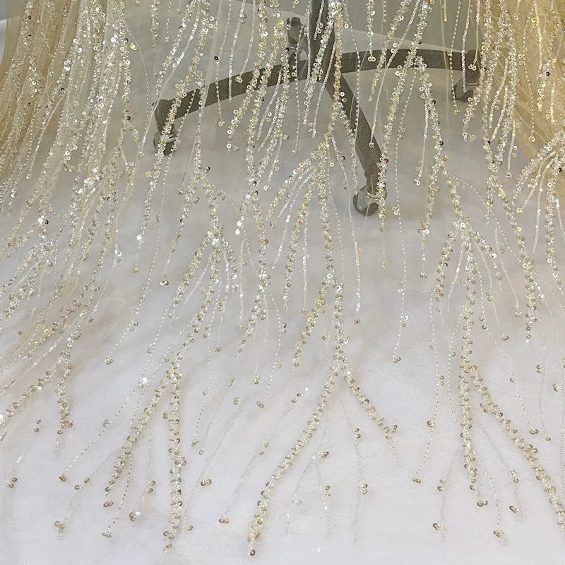 Champagne Striped Embroidered Beaded Lace Material Glitter Tissus Evening Dress Dry Lace Tela Mesh Sequin Bridal Dress Fabric