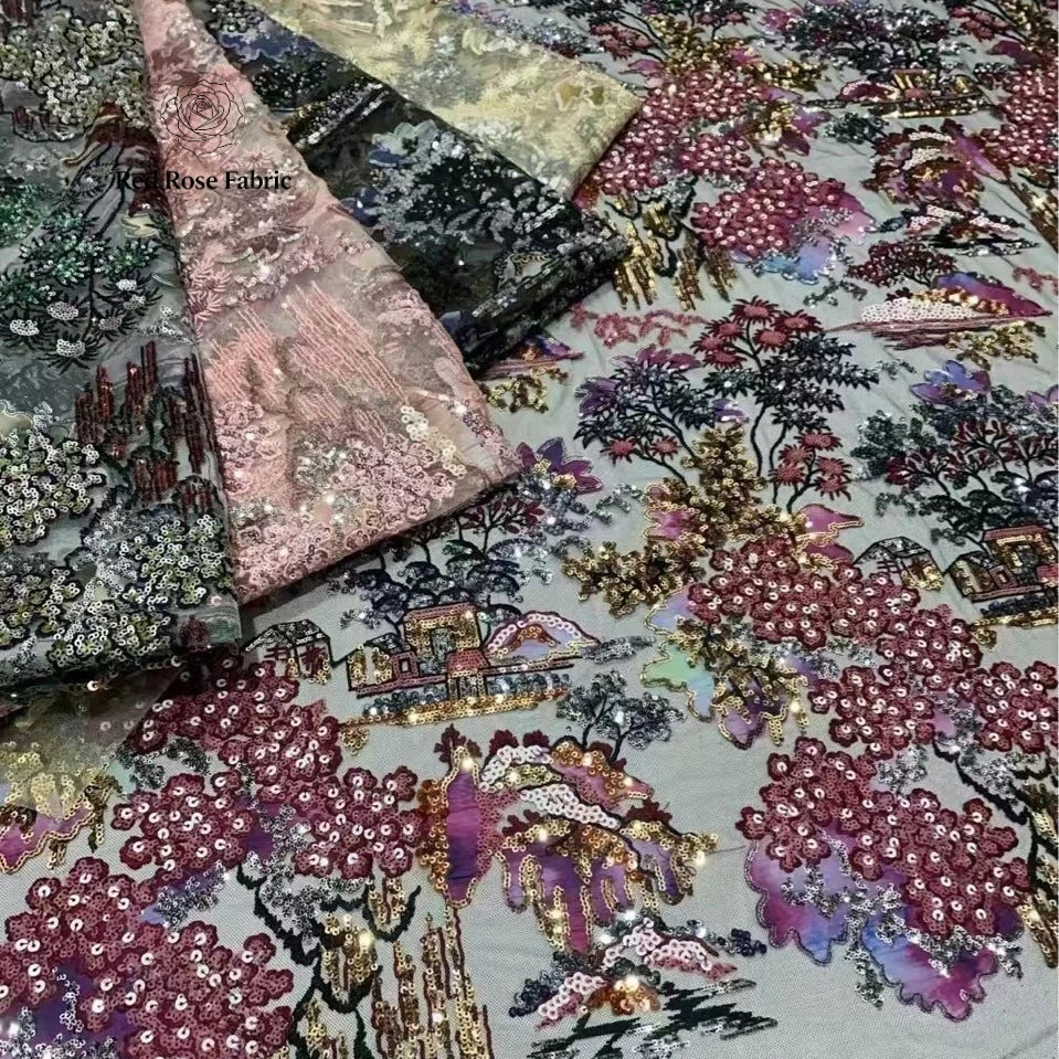 Beautiful and unique mesh beaded sequins exquisite fabric sewing, high-end evening dress qipao designer accessories