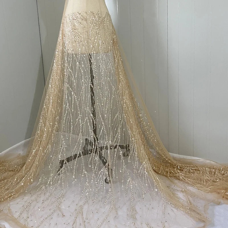 Champagne Striped Embroidered Beaded Lace Material Glitter Tissus Evening Dress Dry Lace Tela Mesh Sequin Bridal Dress Fabric