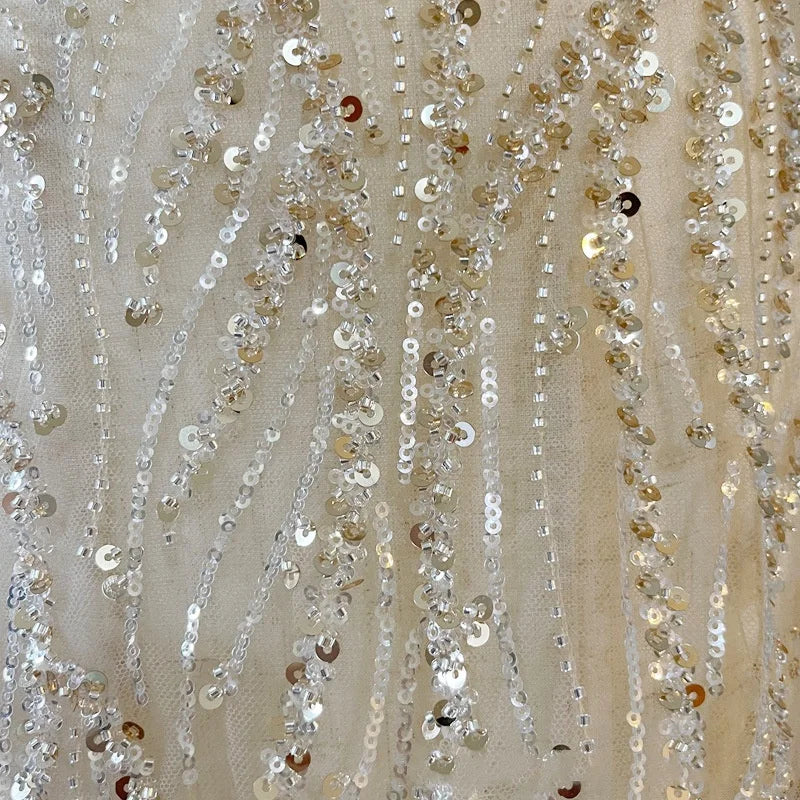 Champagne Striped Embroidered Beaded Lace Material Glitter Tissus Evening Dress Dry Lace Tela Mesh Sequin Bridal Dress Fabric